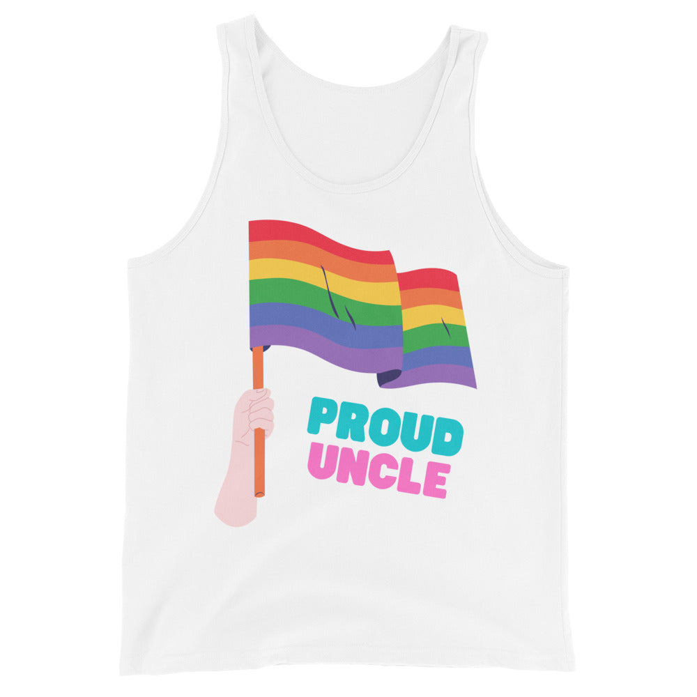 Front view of a white tank top with a rainbow flag and “PROUD UNCLE” text