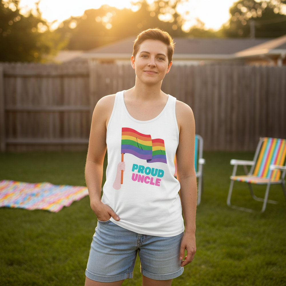 Proud Uncle Unisex Tank Top with rainbow Pride flag and "Proud Uncle" text, worn with denim shorts; sunset backyard
