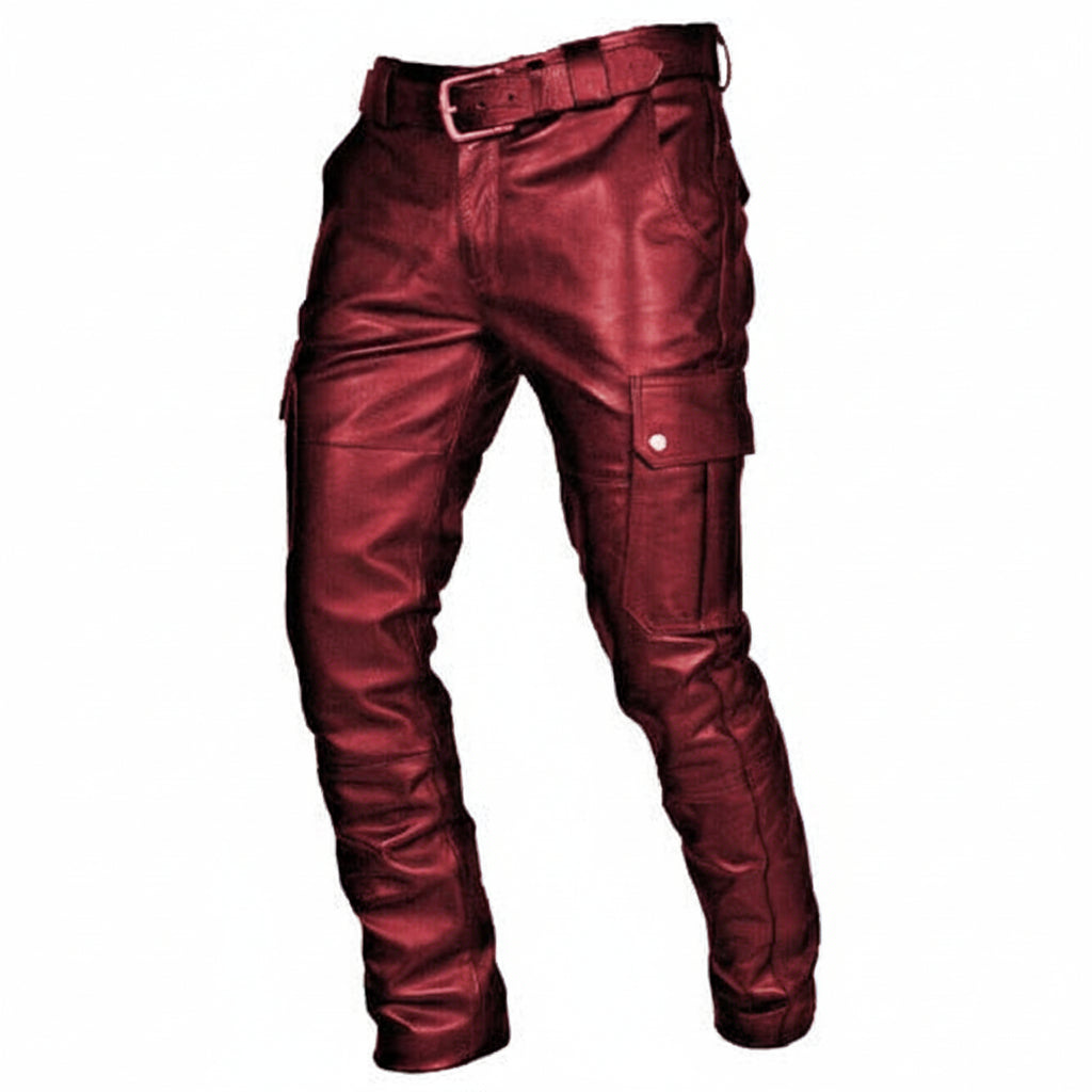 Shiny dark red faux leather biker pants, slim fit, matching belt, flap cargo thigh pockets, detailed seams