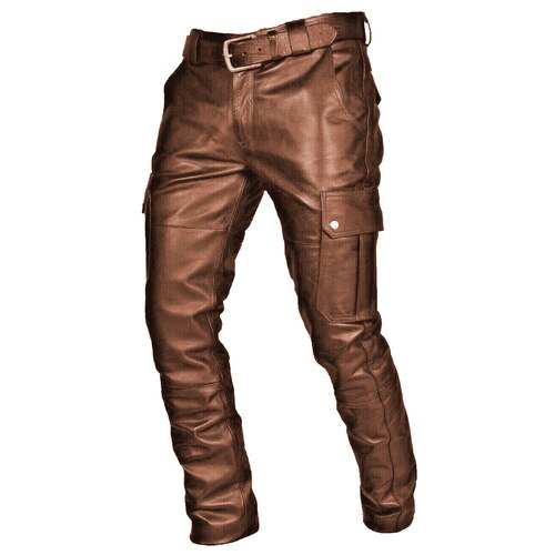 Brown PU leather biker pants with matching belt, front and side snap-flap pockets, stitching detail