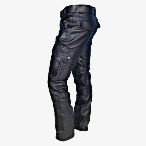 PU Leather Biker Pants, shown side and back, with a slight sheen, multiple pockets, belt loops, visible stitching, slim fit.