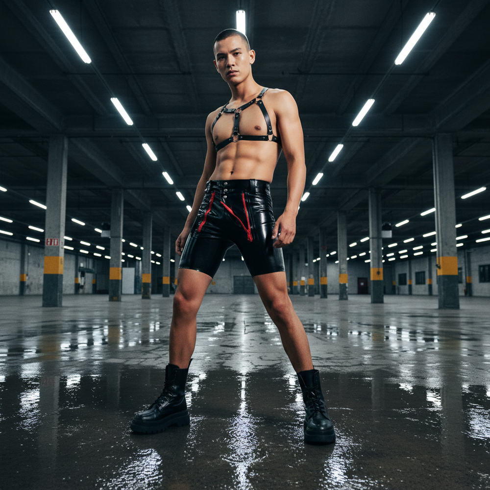 Model wearing glossy black faux-leather shorts with red zip details in an industrial warehouse