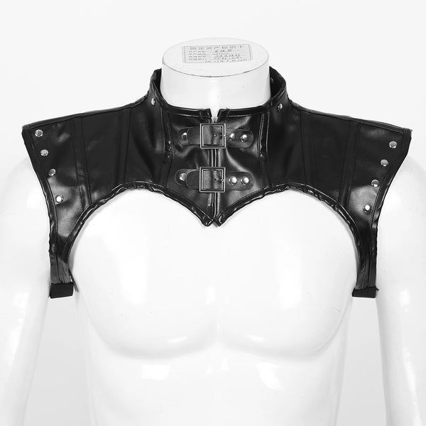 Front view of a black faux-leather shoulder harness on a white mannequin