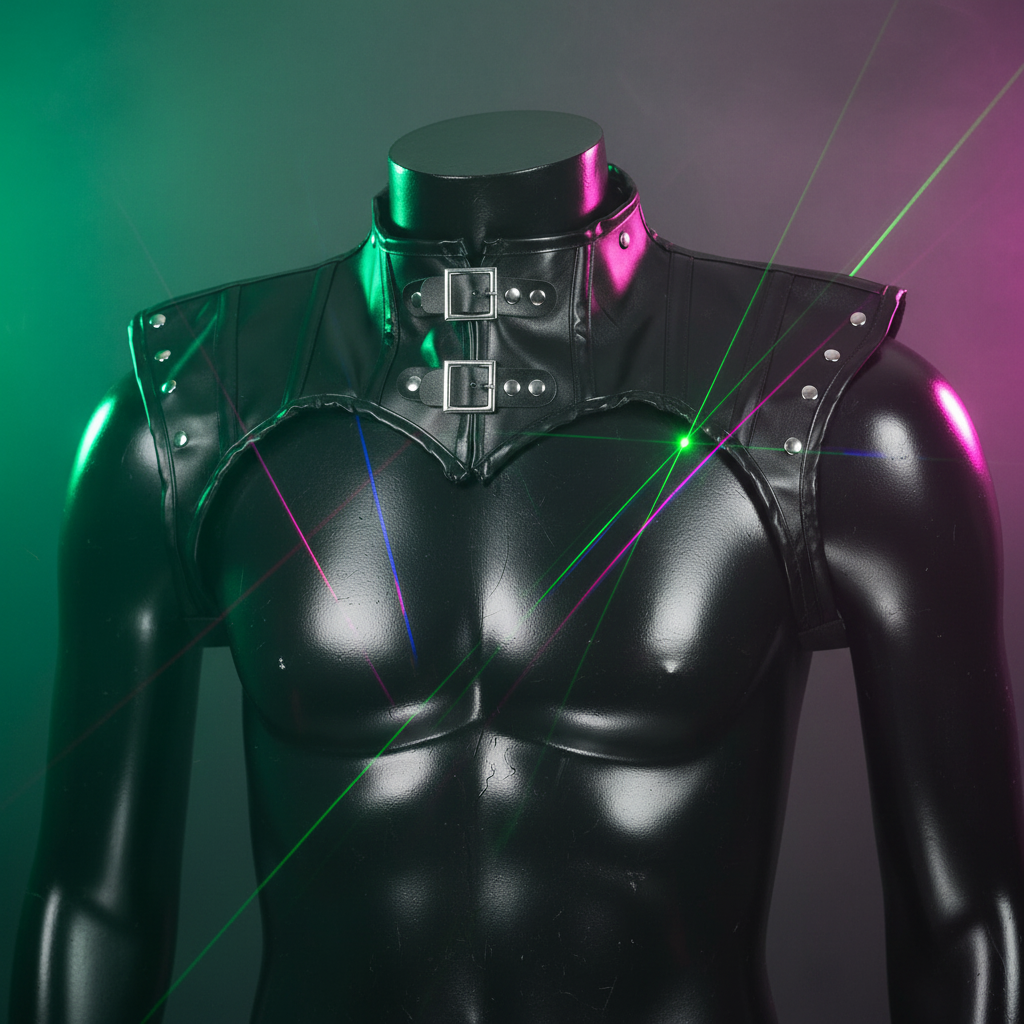 Black high-collar leather harness on a torso mannequin with two front buckles