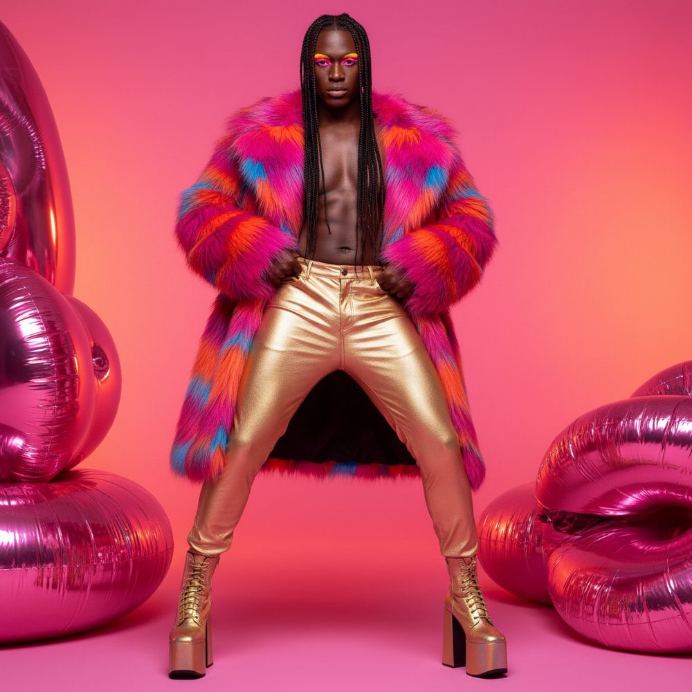 Front-facing model wearing metallic gold skinny pants with a colorful faux-fur coat