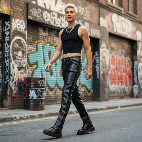 Model walking in black leather-look straight-leg pants with side lacing and patch pockets