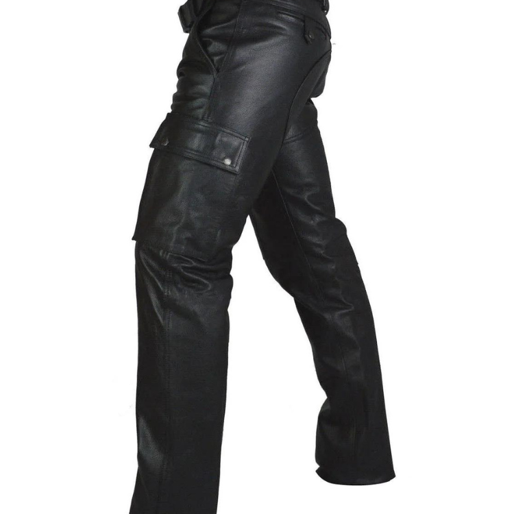 Side view of black faux-leather straight-leg pants with a flap cargo pocket
