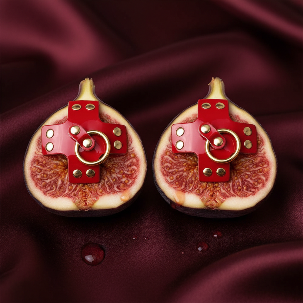 Pair of red leather-style nipple pasties with gold studs and rings on fig halves