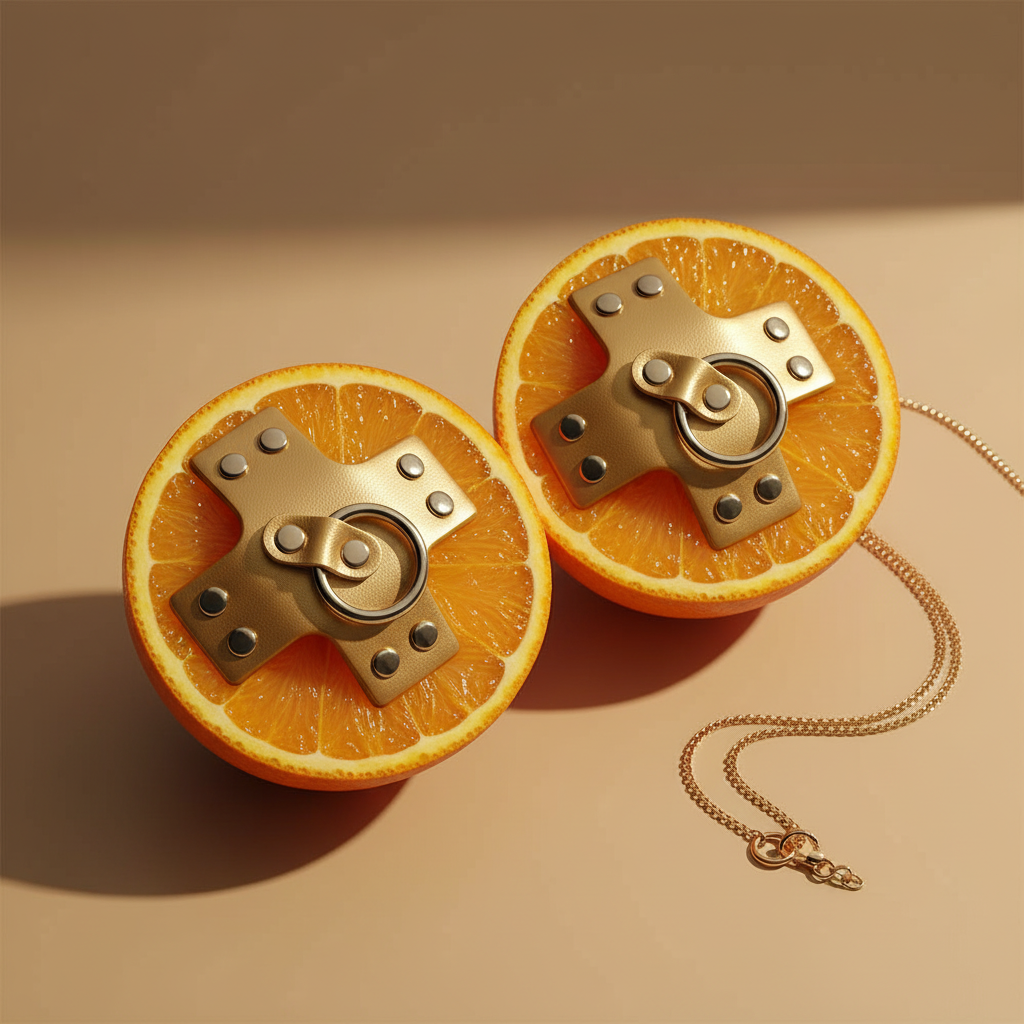 Pair of tan cross-shaped leather nipple pasties on orange slices with metal rings and chains