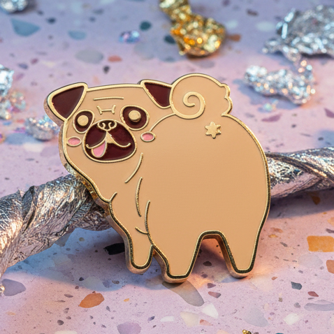 Pug butt enamel pin with a smiling pug illustration and raised tail detail