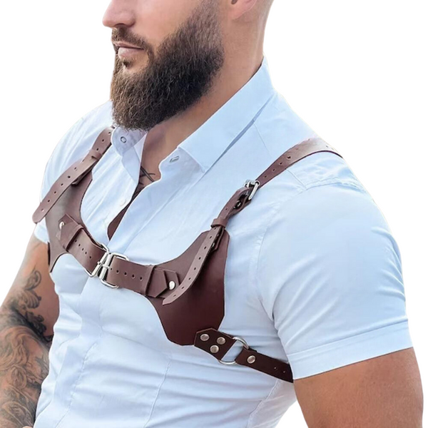 Brown leather-look chest harness with adjustable straps, buckles, and silver-tone hardware