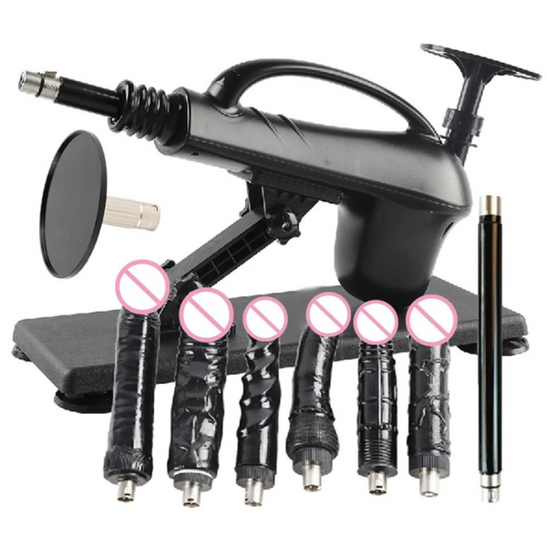 Black automatic pumping sex machine with base, handle, hose, and six attachments