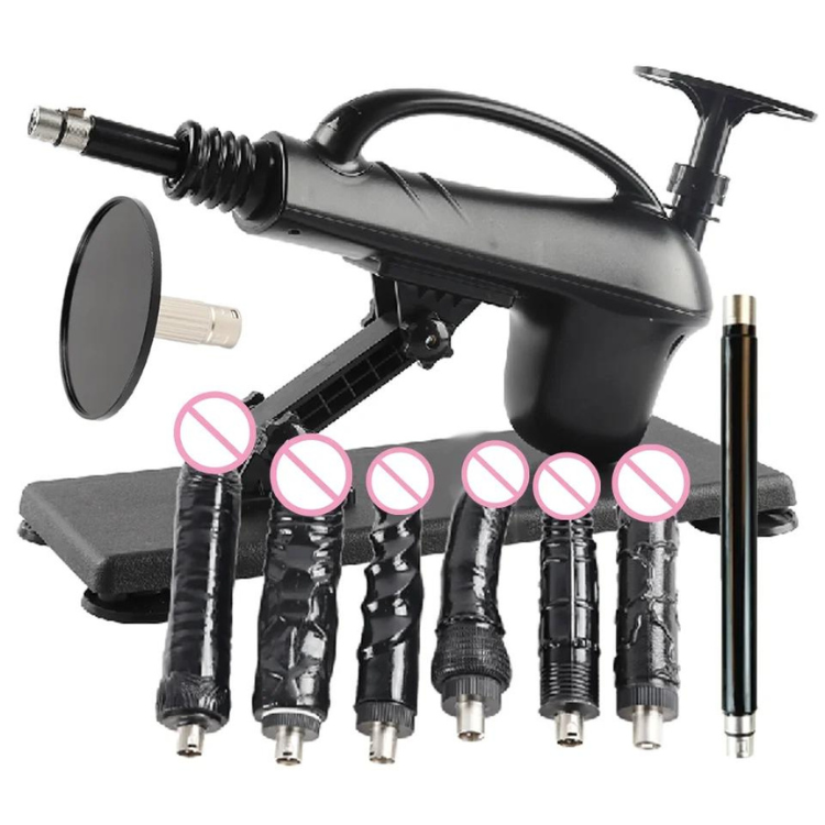 Black automatic pumping sex machine with base, handle, hose, and six attachments