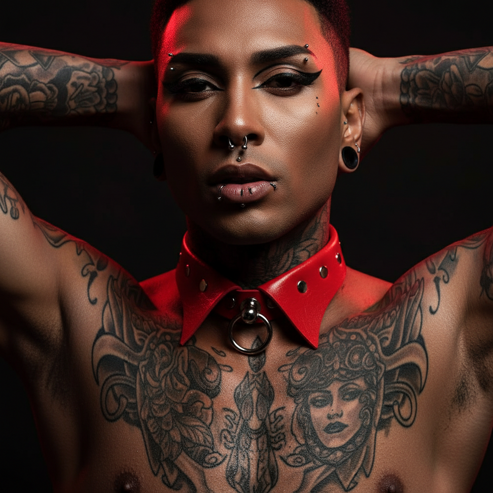 Front-facing tattooed model wearing a red leather collar with studs and a metal O-ring