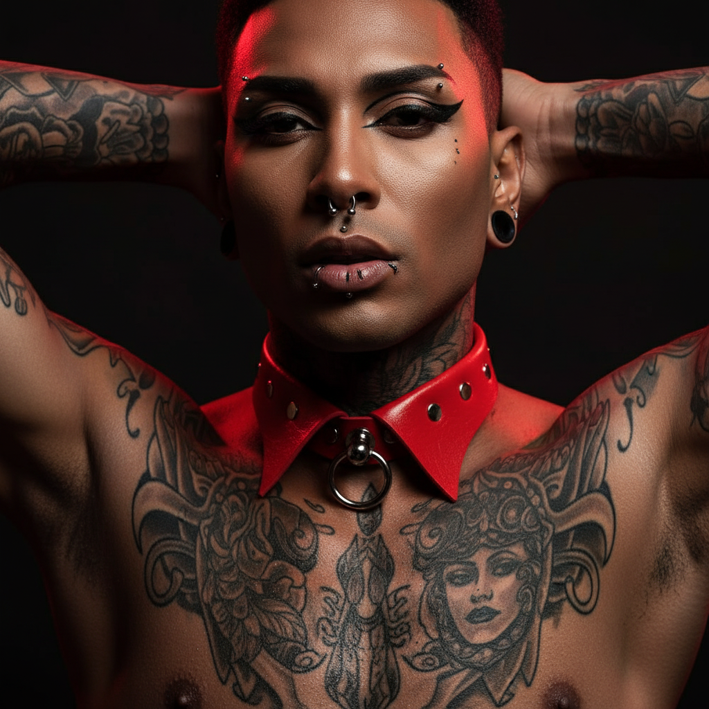 Front-facing tattooed model wearing a red leather collar with studs and a metal O-ring