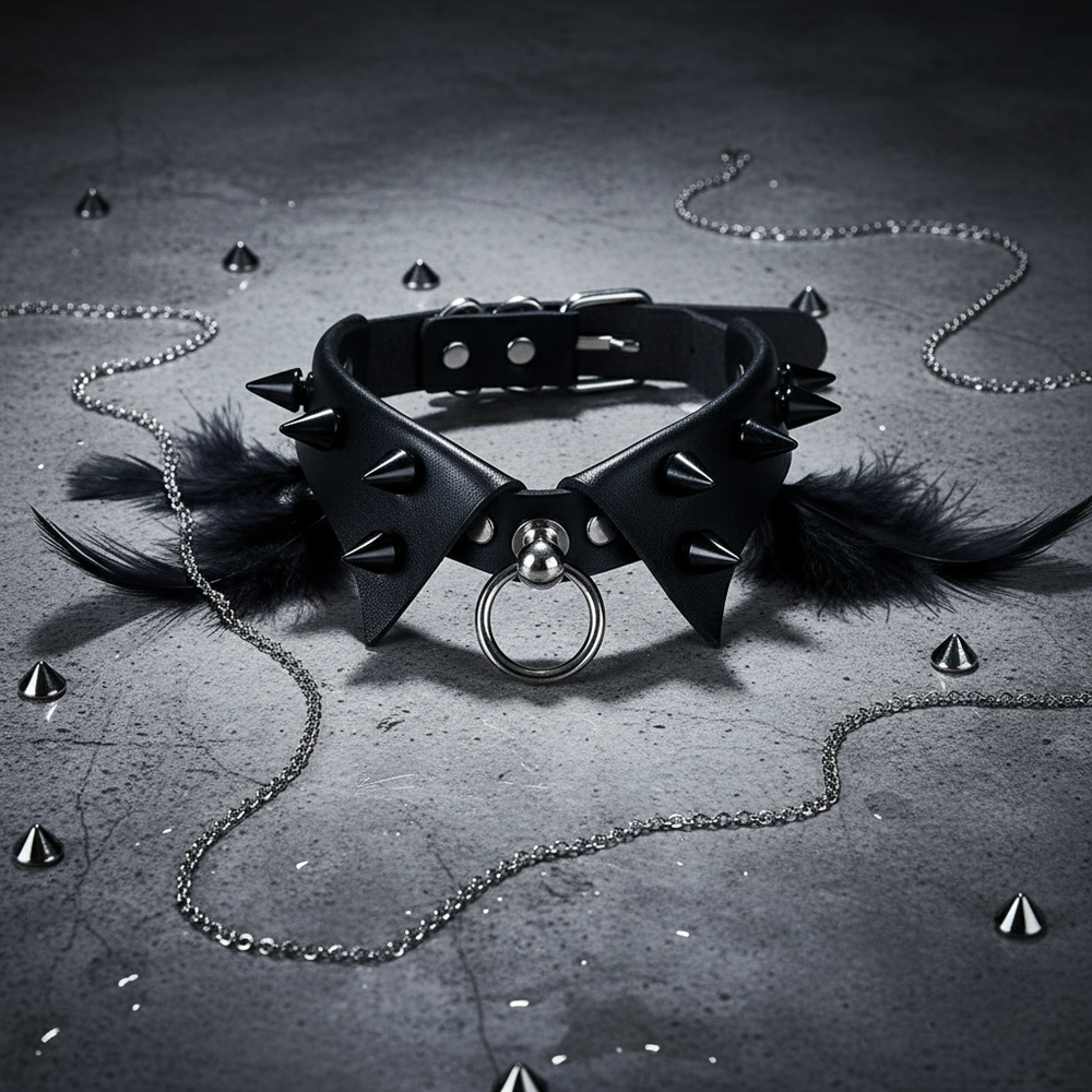 Black leather spiked collar with pointed flaps, feather trim, and a front O-ring