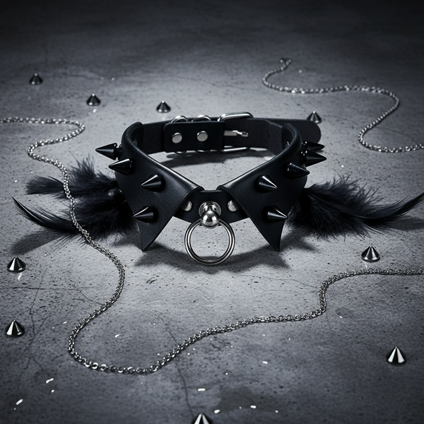 Black leather spiked collar with pointed flaps, feather trim, and a front O-ring
