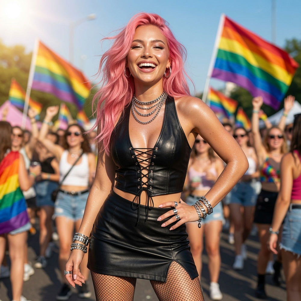 Model wearing a black lace-up faux-leather crop top at a Pride parade