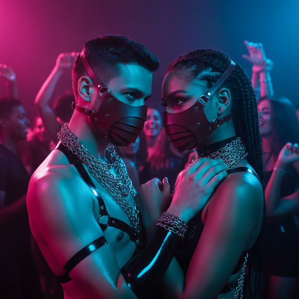 Two people in a neon-lit club wearing dark leather masks with slatted mouth panels