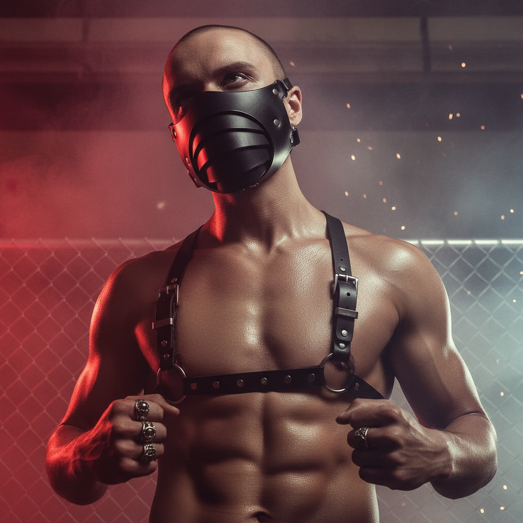 Front-facing model wearing a black leather mask with layered mouth bars and harness straps