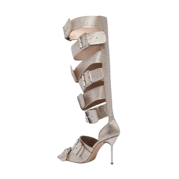 Side view of a rhinestone-covered, strappy open-toe stiletto sandal boot