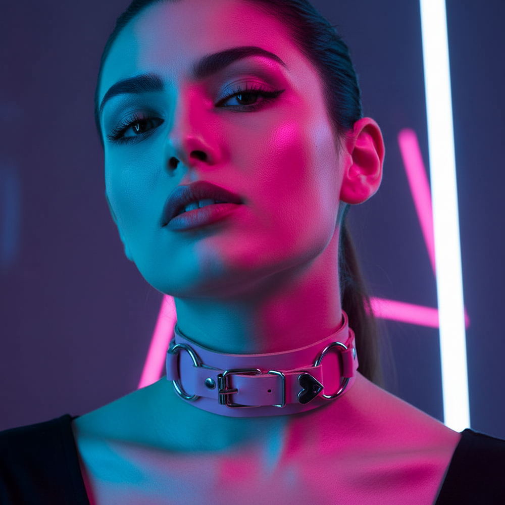 Close-up model wearing a white punk choker with a buckle, rings, and black heart charm