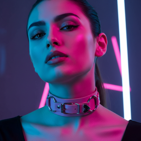 Close-up model wearing a white punk choker with a buckle, rings, and black heart charm