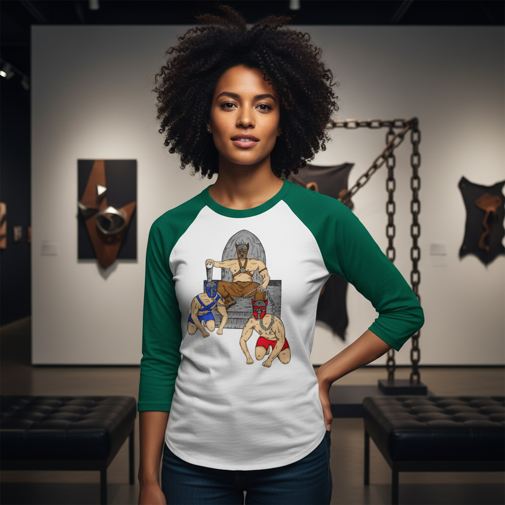 Pup Play 3/4 Sleeve Raglan Shirt, worn by a curly-haired person