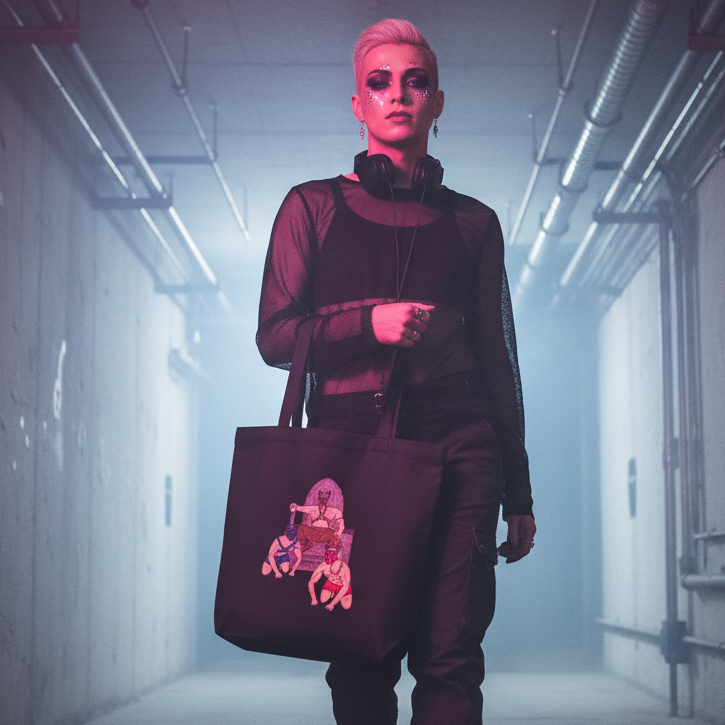 Model carrying a dark tote bag with a colorful abstract figure graphic in a lit industrial hallway