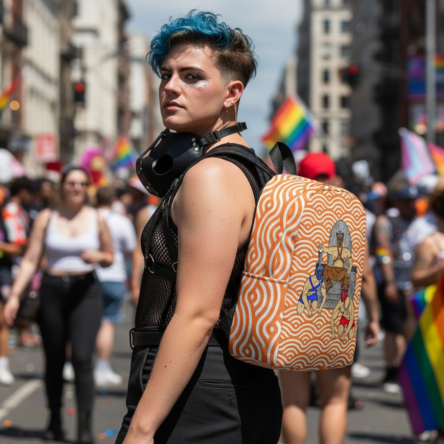 Pup Play Minimalist Backpack worn by a person with short teal hair, glitter makeup, mesh top, and suspenders at Pride