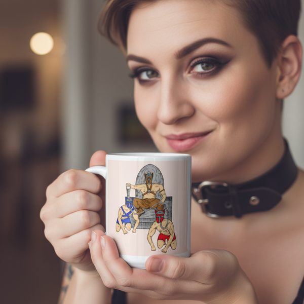 Person holding a white mug showing three illustrated figures in puppy masks and harnesses