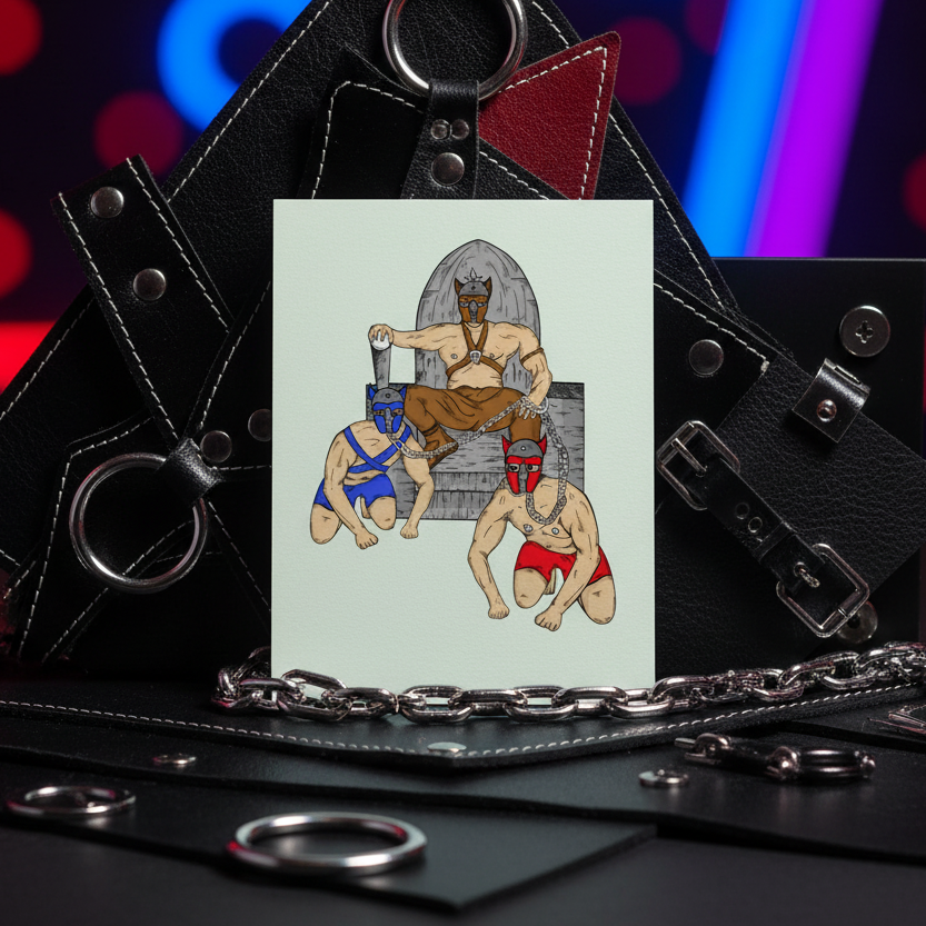 Pup Play Postcard shows three masked, muscular people in fetish gear with black leather straps, chains, metal rings