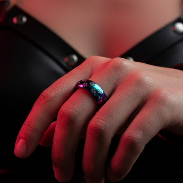 A hand wears the Pup Play Rainbow Ring, a dark iridescent band with tiny paw-print motifs