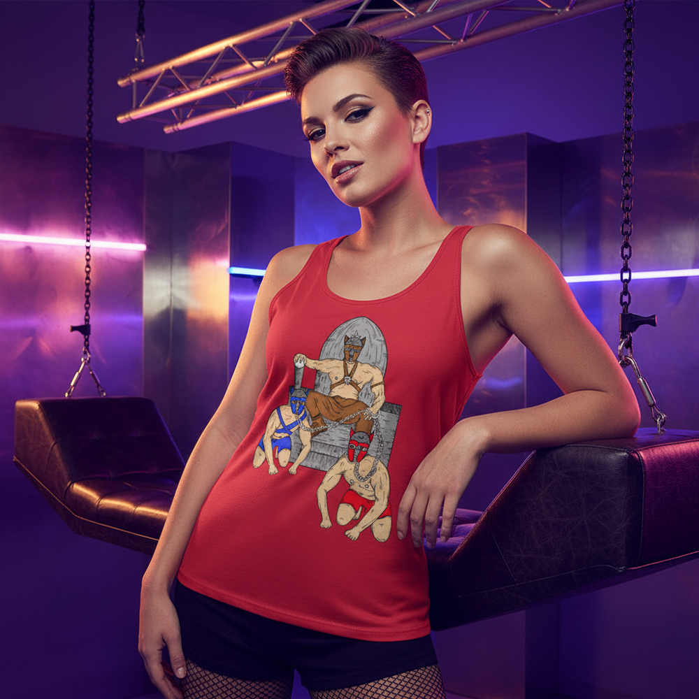 Pup Play Unisex Tank Top with an illustrated ruler on a throne and masked figures