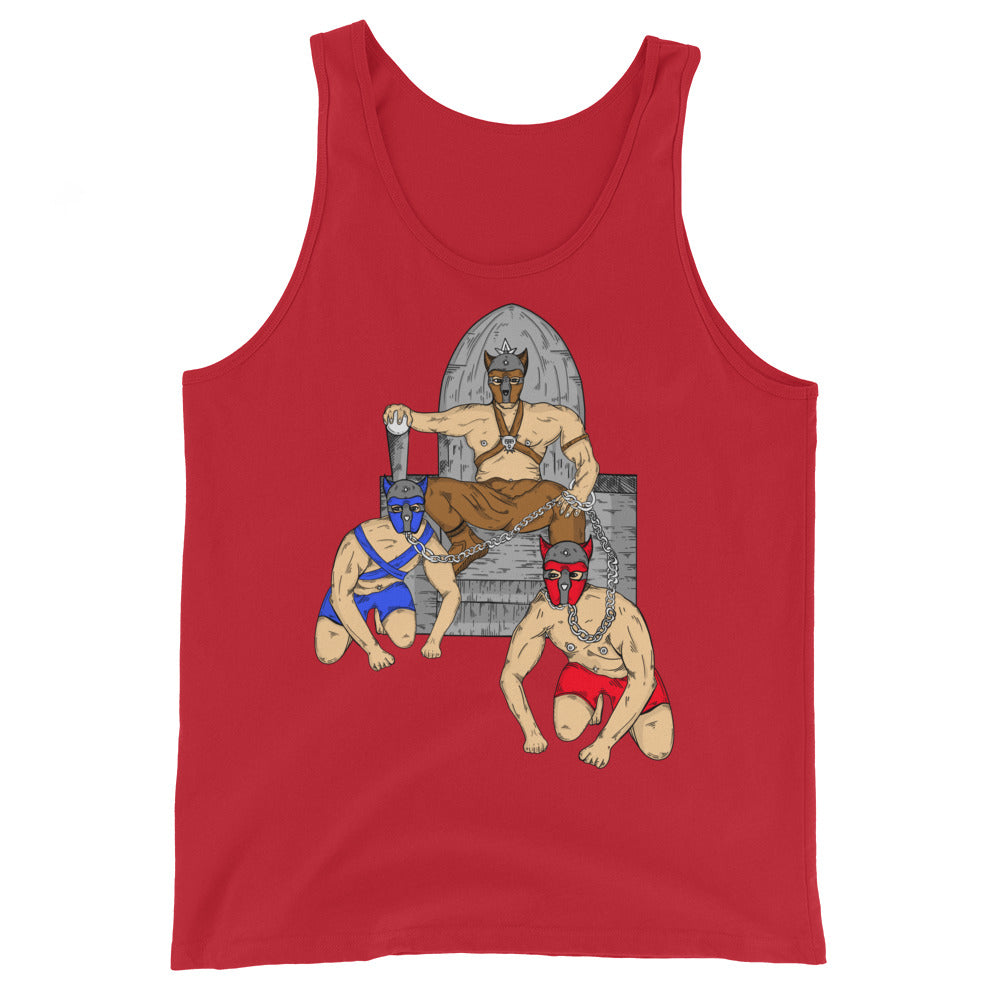 Red tank top featuring a masked, horned figure seated on a throne with two chained figures kneeling nearby