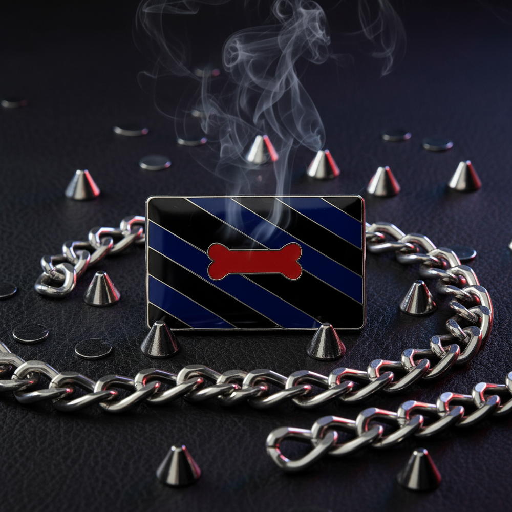 Rectangular black-and-navy striped enamel pin with a red bone, chain, studs, and smoke