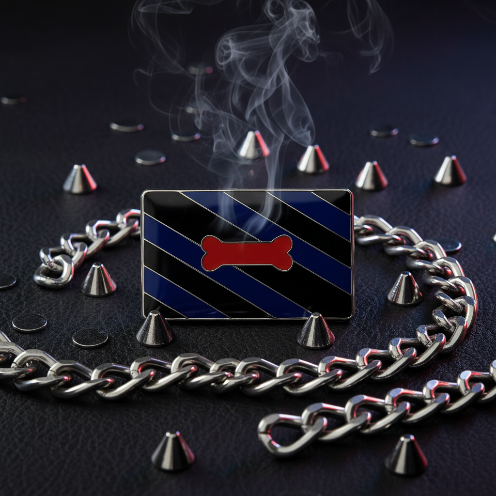 Rectangular black-and-navy striped enamel pin with a red bone, chain, studs, and smoke