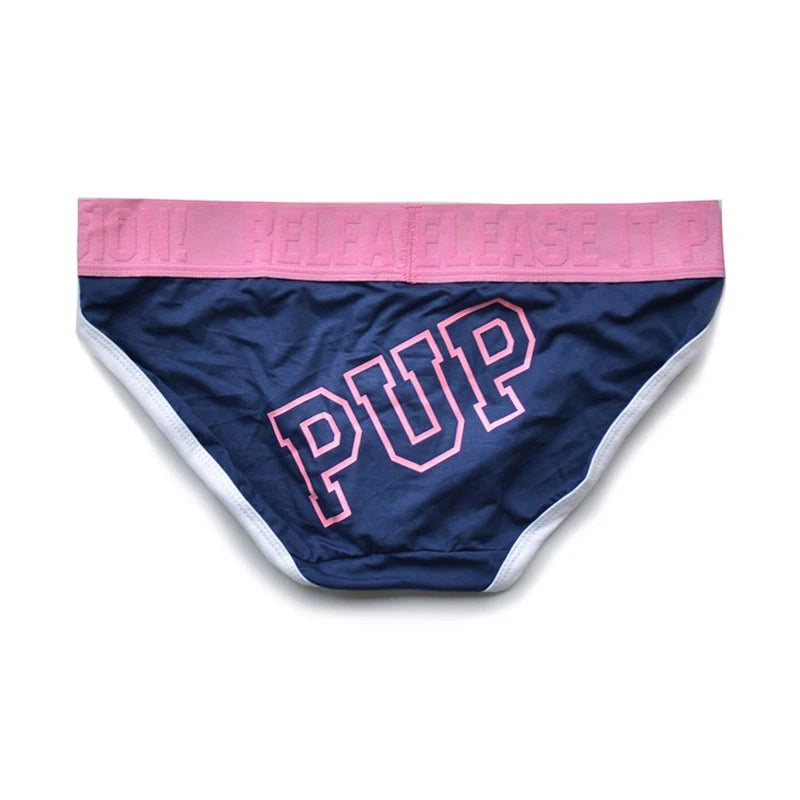 Front view of navy blue briefs with pink waistband and large pink “PUP” lettering