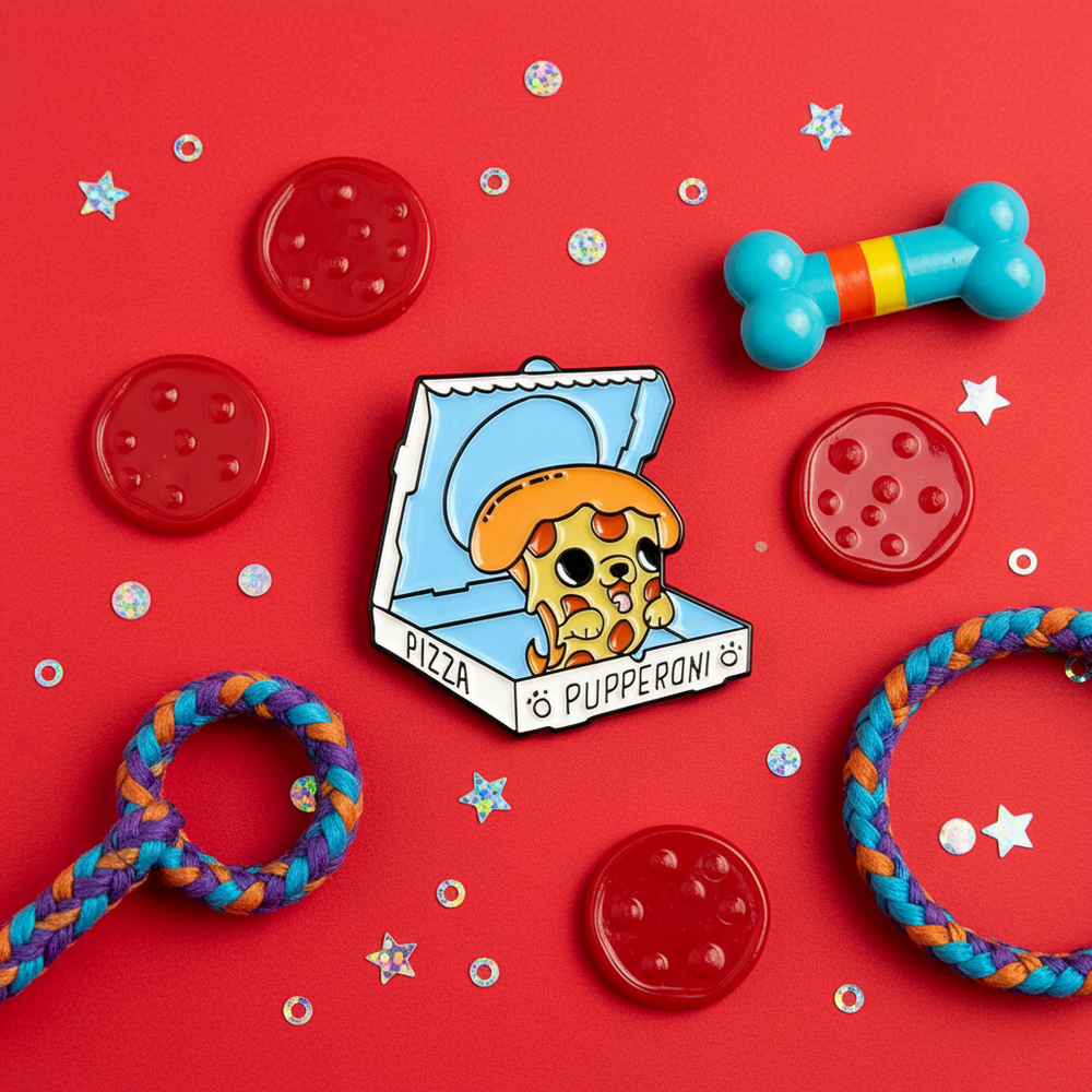Pupperoni enamel pin showing a cartoon pizza slice in an open pizza box