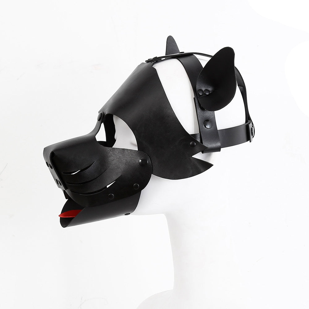 Black leather puppy-play hood with pointed ears, muzzle, straps, and a red-lined mouth