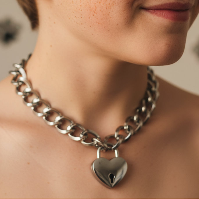 Close-up of a silver chain fetish collar with a heart-shaped padlock pendant