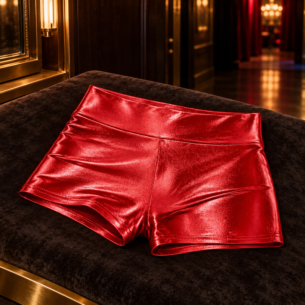 Metallic High-Waisted Booty Shorts in Red, photographed for PURE HONEY.