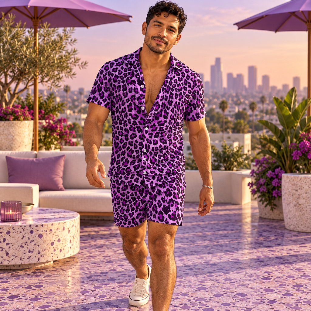 Model wearing a purple leopard-print short-sleeve shirt and matching shorts on a terrace.