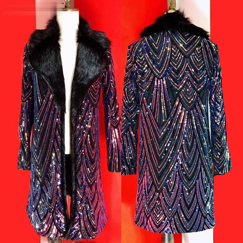 Long multicolored sequined coat shown front and back on mannequins