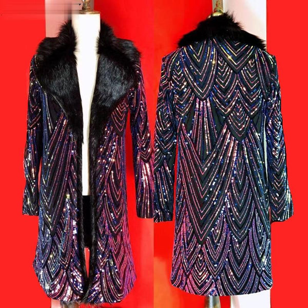Long multicolored sequined coat shown front and back on mannequins