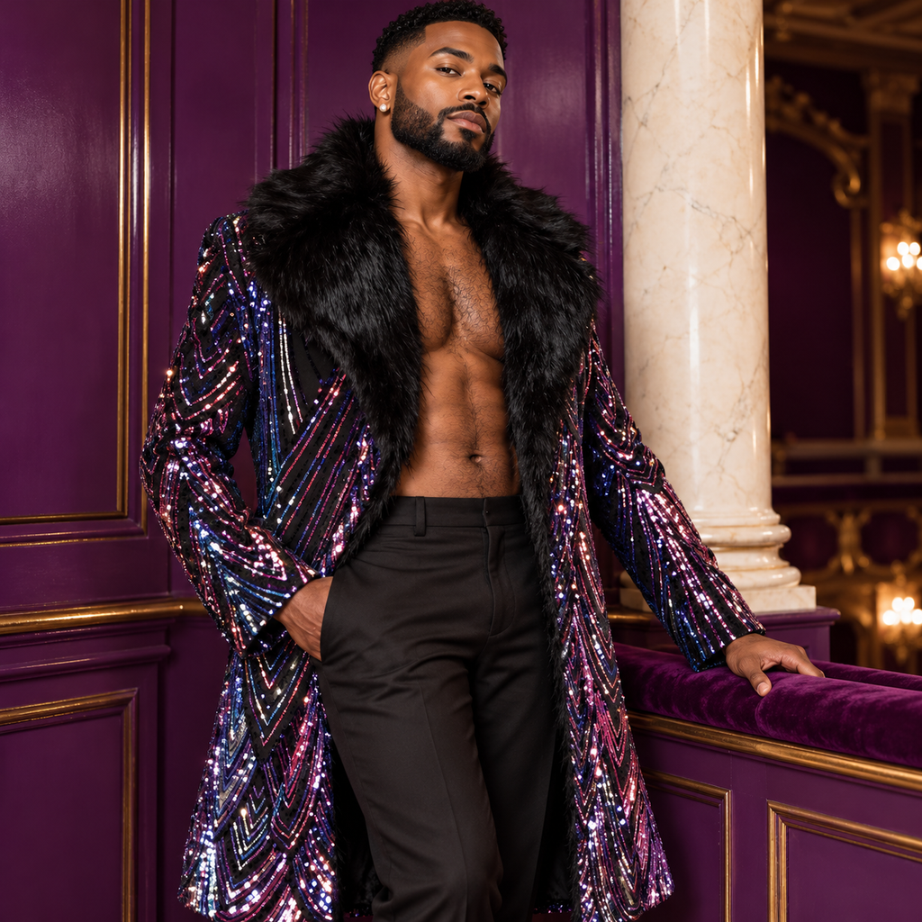 Purple Sequined Long Coat, With Fur; close-up editorial.