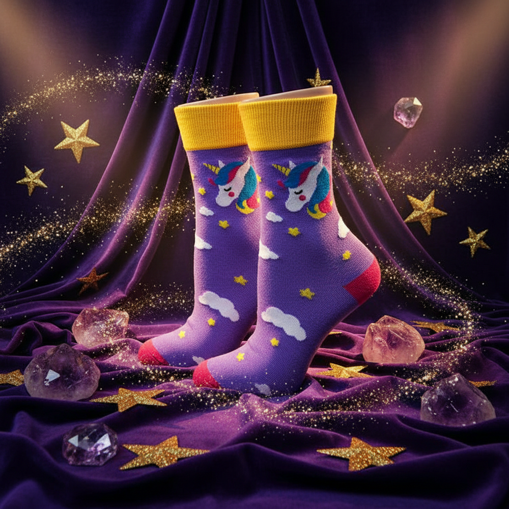 Purple Unicorn Socks with unicorn, cloud, and star designs, yellow cuffs, on purple velvet