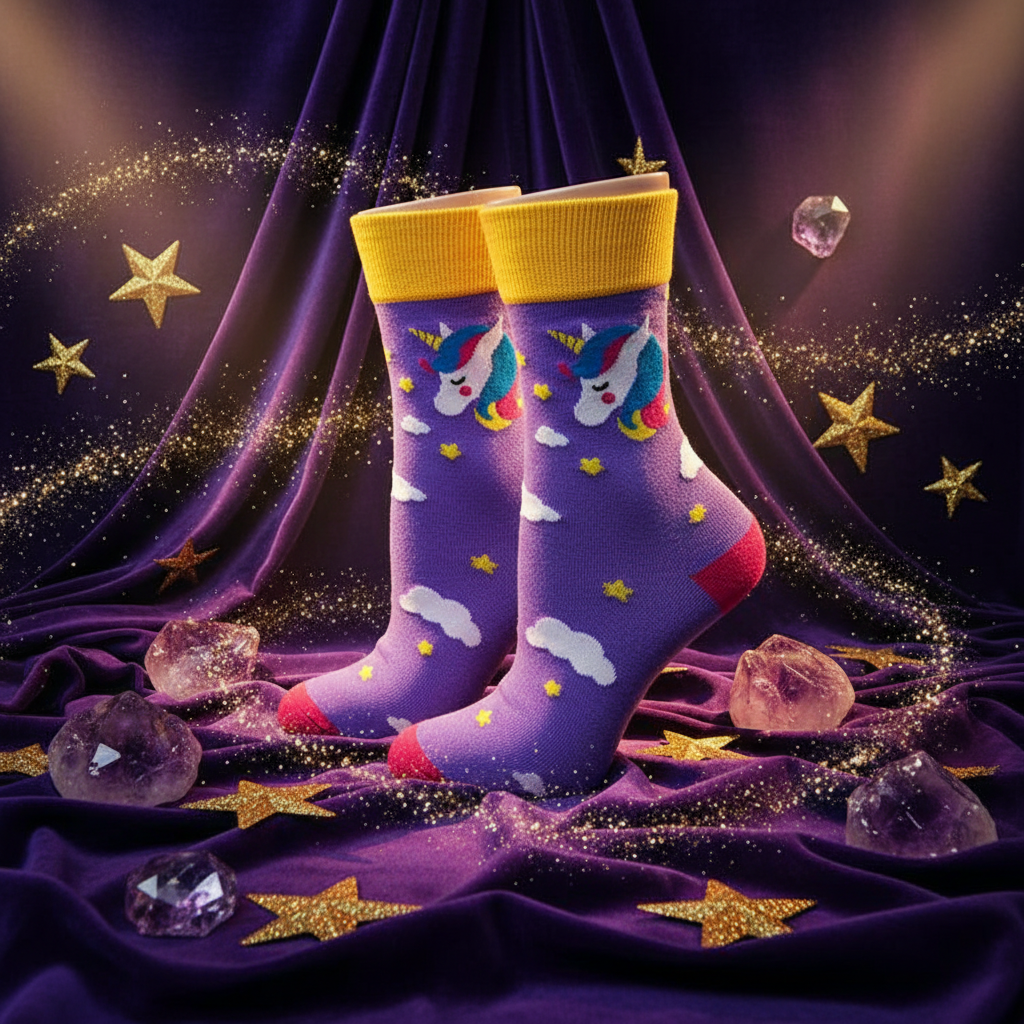 Purple Unicorn Socks with unicorn, cloud, and star designs, yellow cuffs, on purple velvet