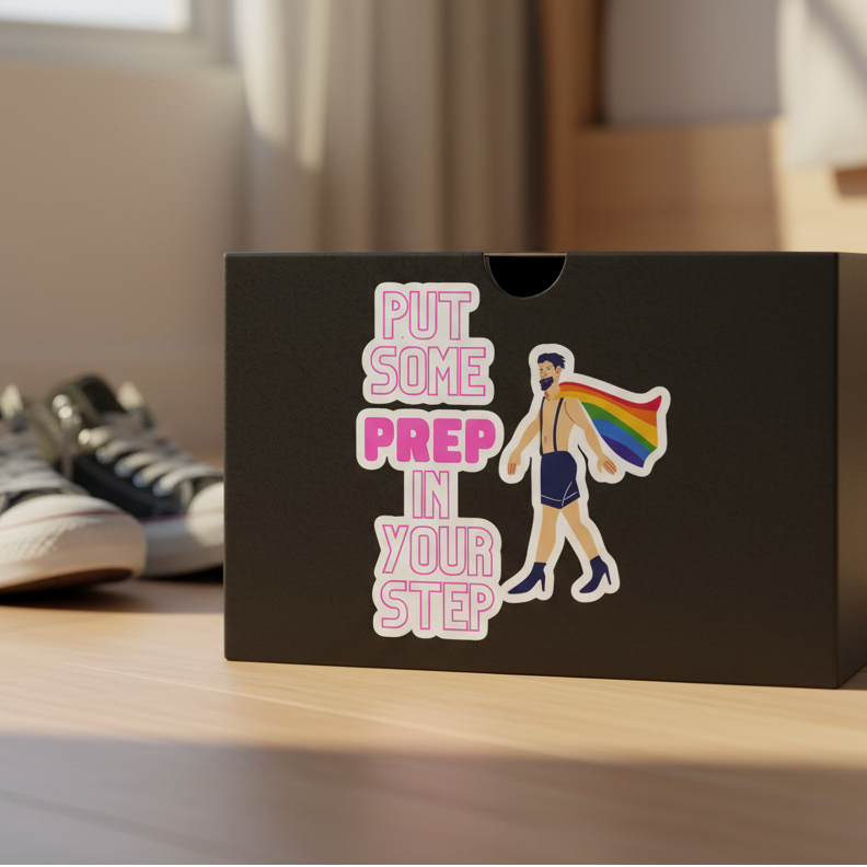 Bubble-Free Sticker reading "Put Some Prep In Your Step" in bold pink, with a figure rocking shorts, heels