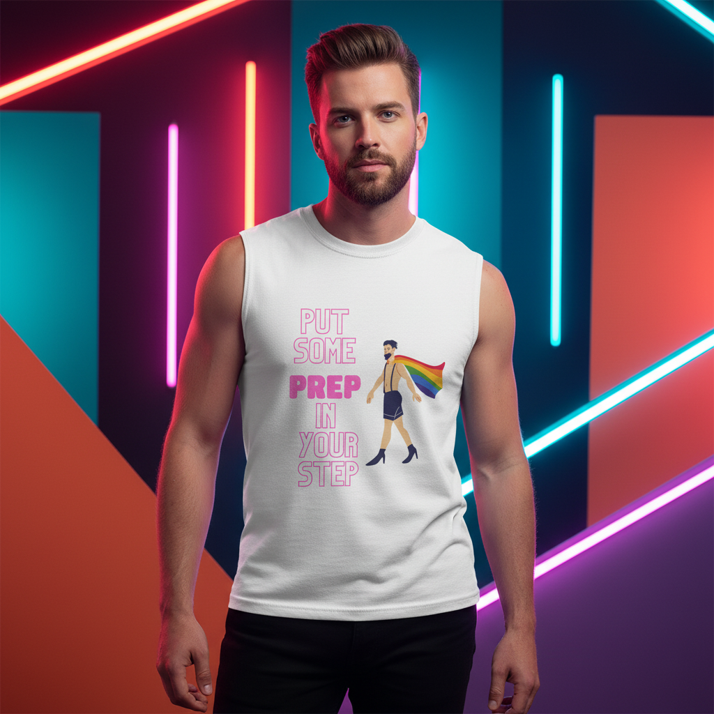 White unisex muscle tank with bold pink "Put Some Prep In Your Step" text